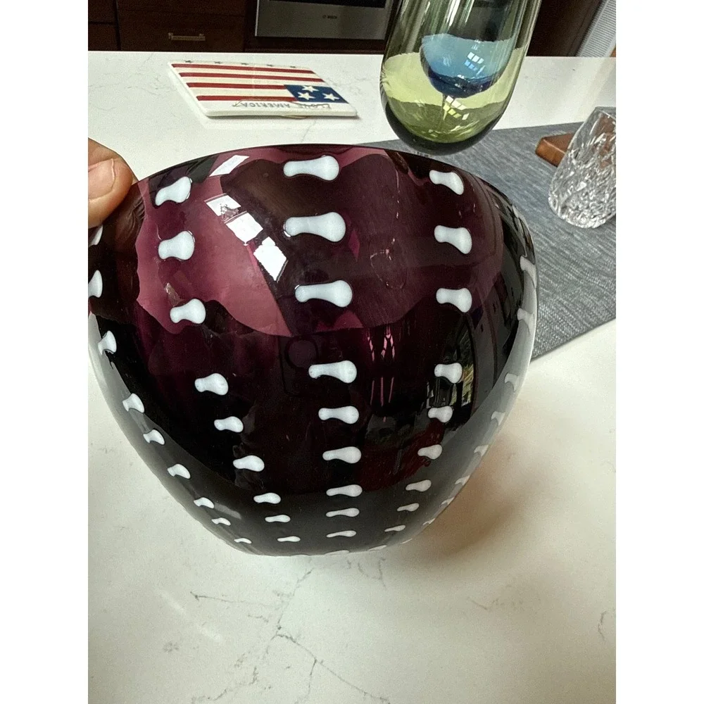 Mid-Century Style Amethyst Art Glass Bowl - Polished Base White‎ Dashes Motif